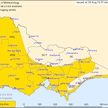 A map showing areas affected by a severe weather warning for Victoria.