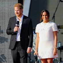 NEW YORK, NEW YORK - SEPTEMBER 25: Prince Harry and Meghan Markle speak on stage at Global Citizen Live: New York on September 25, 2021 in New York City. (Photo by Gotham/WireImage)