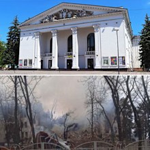 Mariupol City Council said Russian forces had 'purposefully and cynically' destroyed the Drama Theater in the heart of Mariupol, which is shown here in before and after pictures.