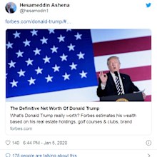 The tweet posted by Hesameddin Ashena, an advisor to the Iranian president, details the property empire and assets of US President Donald Trump.