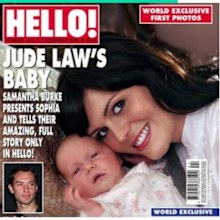 Nine's image from Hello! announcing the birth of Jude Law's daughter Sophia with Samantha Burke.  
