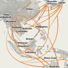 A map showing crystalline methamphetamine trafficking flows in East and South-East Asia.