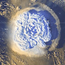 A satellite image of the Hunga-Tonga-Hunga-Ha'apai volcanic eruption