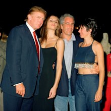 Donald Trump and his girlfriend (and future wife), former model Melania Knauss, financier Jeffrey Epstein, and British socialite Ghislaine Maxwell pose together at the Mar-a-Lago club, Palm Beach, Florida, February 12, 2000.