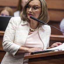 Sen. Vivian Figures speaks as debate on HB314, the near-total ban on abortion bill, is held in the senate chamber in the Alabama Statehouse in Montgomery, Alabama.