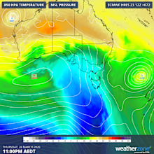 Temperature and mean sea level pressure forecast for Thursday night. Cold air (shaded blue) is being driven over southeastern Australia in between these two systems. Source: Weatherzone