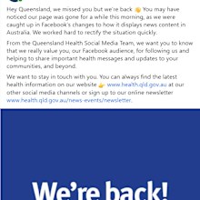 Facebook Queensland Health's page has been restored.