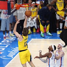 Johnny Furphy of the Indiana Pacers drives to the basket against the Oklahoma City Thunder.