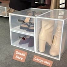 Professional organiser Jess Schultz shows how to organise boots with the Kmart large plastic shoe storage box