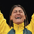 Saya Sakakibara of Australia celebrates winning the gold medal in the women's BMX racing event, at the 2024 Summer Olympics, Friday, Aug. 2, 2024, in Saint-Quentin-en-Yvelines, France. (AP Photo/Thibault Camus)