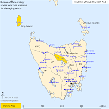 A map showing areas affected by a severe weather warning for Tasmania.