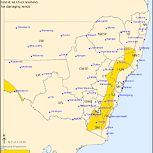 A map showing areas affected by a severe weather warning for New South Wales.