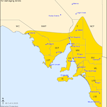 A map showing areas affected by a severe weather warning for South Australia.