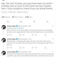 Chrissy Teigen shared a series of tweets addressing her sudden departure from Twitter.
