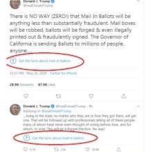 The new warning labels appeared under two of Donald Trump's tweets today, signalling Twitter will be fact-checking the president's claims on the social media platform.
