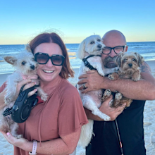 Shelly Horton with husband Darren and their three fur-kids.