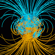 A computer simulation shows the Earth's magnetic field, which is generated by heat transfer in the Earth's core.