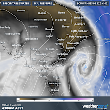 Predicted mean sea level pressure and precipitable water according to the ECMWF model for SE Australia at 4am on Friday, May 8.