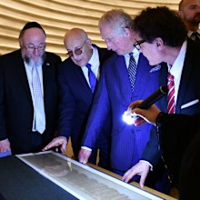 The Prince of Wales hears about the Shrine of the Book exhibition which houses the Dead Sea Scrolls, the world's oldest biblical manuscripts. HRH had the opportunity to view the scrolls inside the Shrine of the Book.