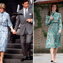 Princess Diana and Kate Middleton Duchess of Cambridge style moments - Lady Diana Spencer and Prince Charles leave St Paul's Cathedral after their wedding rehearsal, Kate at memorial for 20th anniversary of Diana's death at Kensington Palace