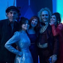 Tim Burton, Catherine O'hara, Jenna Ortega, Winona Ryder, and Michael Keaton
