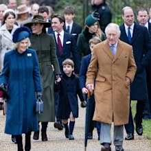 SANDRINGHAM, NORFOLK - DECEMBER 25:  Catherine, Princess of Wales, Camilla, Queen Consort, Prince Louis, Prince George, King Charles III and Prince William, Prince of Wales attend the Christmas Day service at Sandringham Church on December 25, 2022 in Sandringham, Norfolk. King Charles III ascended to the throne on September 8, 2022, with his coronation set for May 6, 2023. (Photo by Samir Hussein/WireImage)