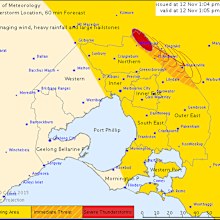 A severe thunderstorm warning for heavy rainfall has been issued for the highlighted regions. (Bureau of Meteorology)