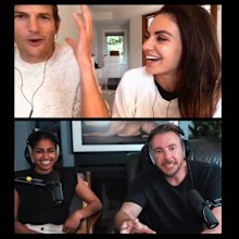 Ashton Kutcher and Mila Kunis on the Armchair Expert Podcast with hosts Monica Padman and Dax Shepard