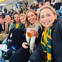 Allison Langdon and Brooke Boney watch the Matildas take on the Lionesses