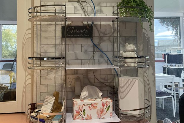Kmart shopper's kitchen storage hack using chrome bathroom caddies.