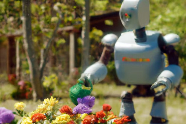 An AI-generated image of 'a robot tending a botanical garden'.