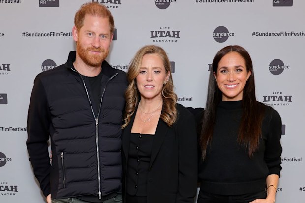 SALT LAKE CITY, UTAH - JANUARY 24: (L-R) Prince Harry, Duke of Sussex, Amy Redford and Meghan, Duchess of Sussex attend the Salt Lake City celebration and premiere of "Cookie Queens" during the 2026 Sundance Film Festival at Rose Wagner Performing Arts Center on January 24, 2026 in Salt Lake City, Utah. (Photo by Neilson Barnard/Getty Images for Sundance Film Festival )