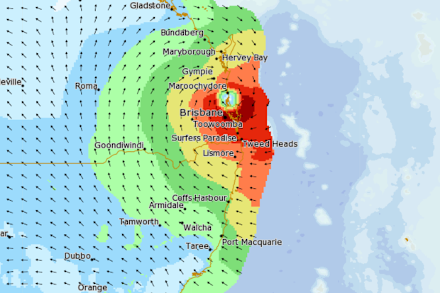 A map showing Cyclone Alfred's predicted landfall on Friday morning.