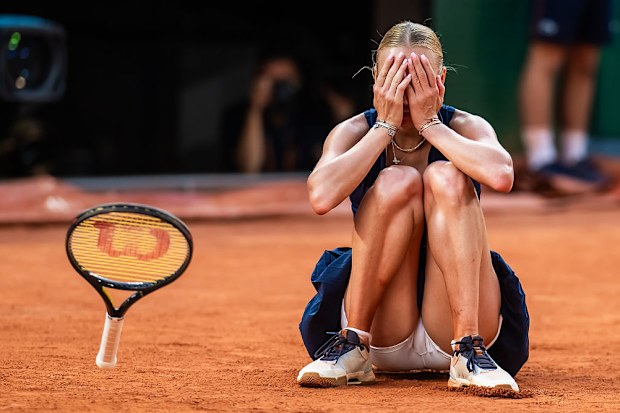Anastasia Potapova of Austria reacts to defeating Coco Gauff of the United States.