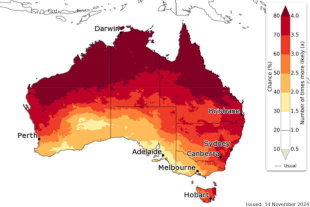 A weather map showing Australia and how likely parts of the country are to record unusually warm minimum temperatures in summer.
