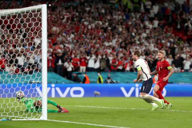 England's Harry Kane scores their side's second goal of the game in extra-time during the UEFA Euro 2020 semi final match at Wembley Stadium, London. Picture date: Wednesday July 7, 2021. (Photo by Nick Potts/PA Images via Getty Images)