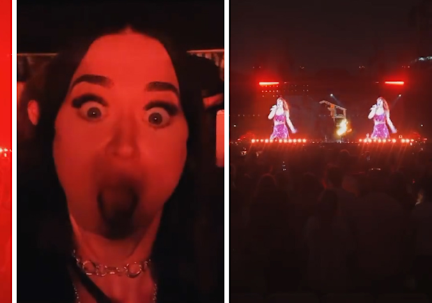Katy Perry reacts as Taylor Swift sings Bad Blood in Sydney, February 23, 2024