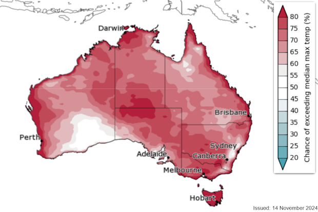 A weather map showing Australia and how likely parts of the country are to record above-median maximum temperatures in summer.