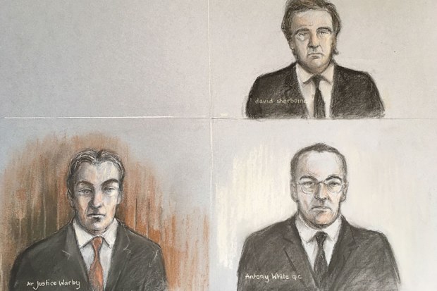 Court artist sketch by Elizabeth Cook of Mr Justice Warby (bottom left) Antony White QC, for Associated Newspapers (bottom right) and David Sherborne the lawyer representing the Duchess of Sussex, during a virtual High Court hearing in the first stage of Meghan's legal action against a British newspaper over its publication of a "private and confidential" letter to her estranged father.. Picture date: Friday April 24, 2020.