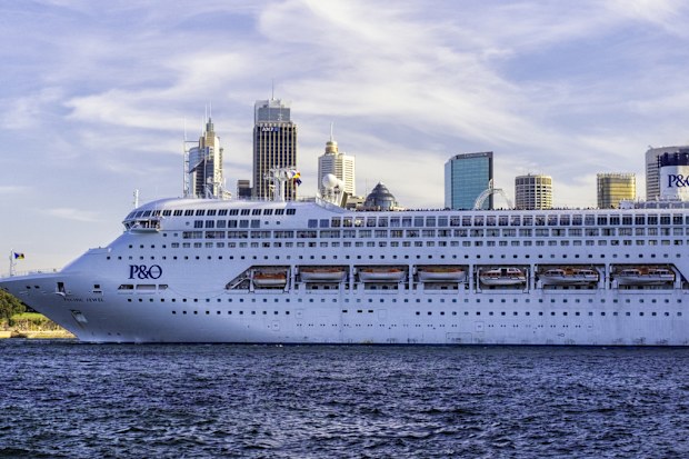 Sydney Australia - April 1, 2016: The P&O cruise ship Pacific Jewel slowly steams past the Sydney Opera House on a bright Autumn afternoon.