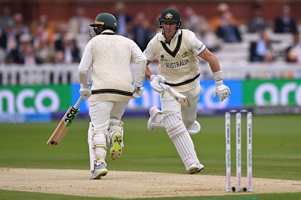 Marnus Labuschagne and Usman Khawaja of Australia run between the wickets during the ICC World Test Championship Final 2025.