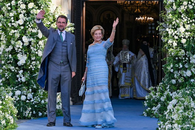 ATHENS, GREECE - SEPTEMBER 28:Anne Marie of Denmark and her son, Nicholas of Greece arrives at  the wedding ceremony of Princess Theodora and Matthew Kumar at the Metropolis Greek Orthodox Cathedral on September 28, 2024 in Athens, Greece. (Photo by Milos Bicanski/Getty Images)