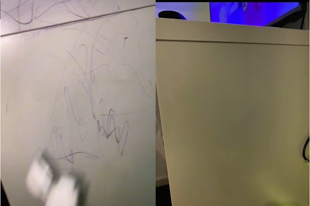 Cabinet covered in texter markings and then a clean cabinet after it was cleaned.