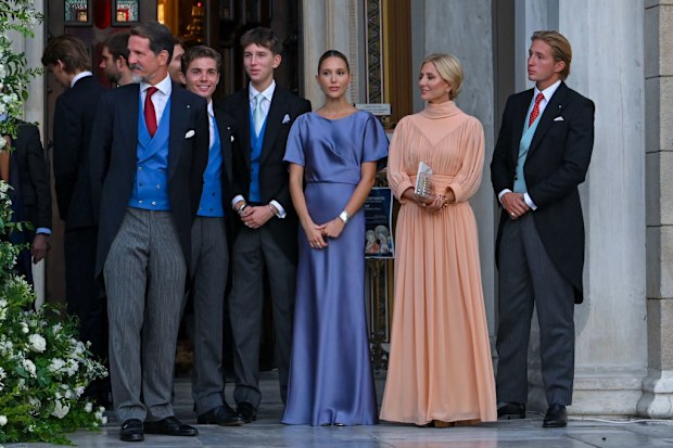 ATHENS, GREECE - SEPTEMBER 28: (L-R) Crown Prince Pavlos, Marie-Chantal Miller and family are seen leaving the Metropolis Greek Orthodox Cathedral after the wedding between Theodora of Greece and Matthew Kumar on September 28, 2024 in Athens, Greece. (Photo by Milos Bicanski/Getty Images)