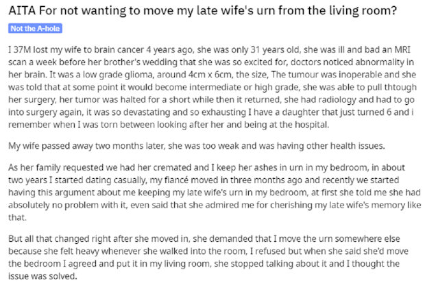 Reddit post about couple fighting over late wife's ashes in urn