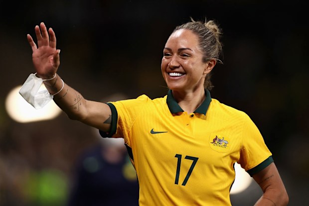 Kyah Simon of the Matildas thanks fans after winning the Women's International Friendly match against Brazil.