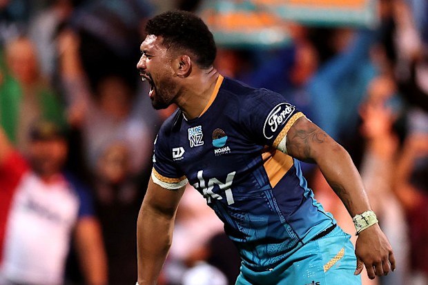 Ardie Savea of Moana Pasifika celebrates on fulltime.