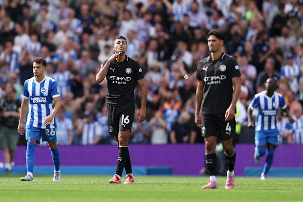 Rodri of Manchester City reacts after James Milner of Brighton & Hove Albion scores.