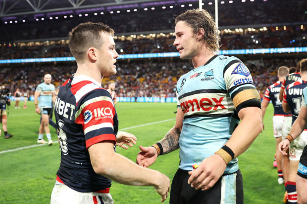 Nicho Hynes and Luke Keary shake hands after the game. 
