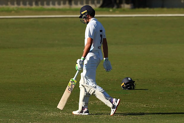 Sam Konstas of New South Wales walks from the field after being dismissed during day one of the Sheffield Shield.